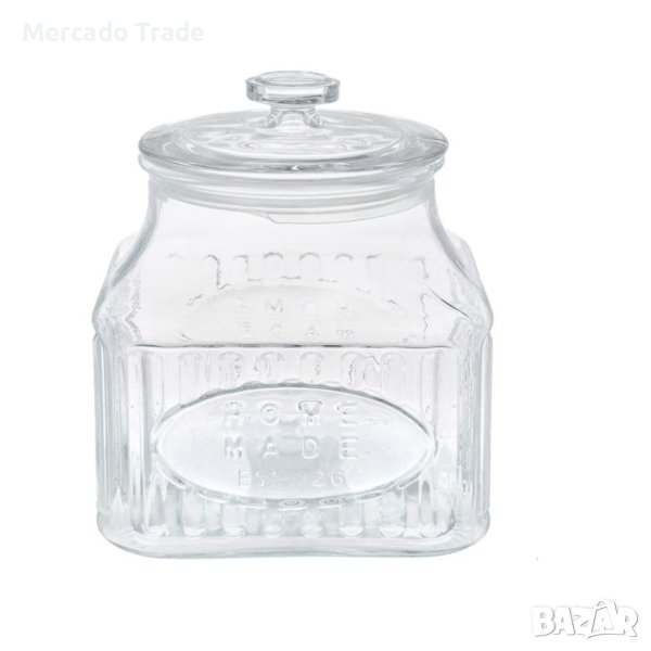 Стъклен буркан за сладки Mercado Trade, Квадратен, Прозрачен, С релефен дизайн с капак, снимка 1