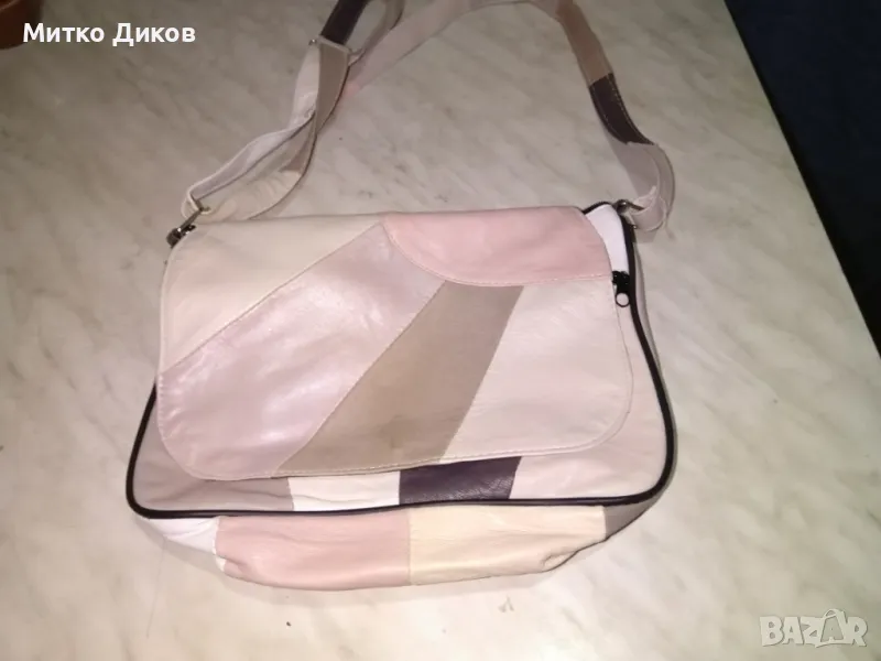 Бежова чанта естествена кожа 3 цвята като нова 28х21см, снимка 1