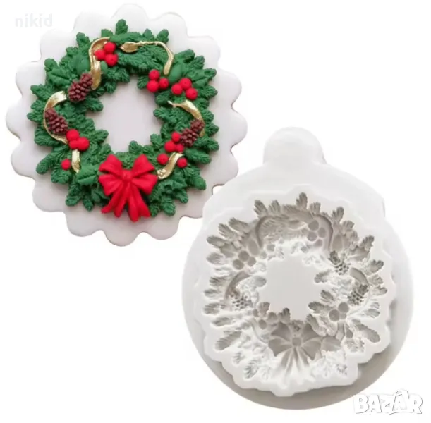 Коледен венец със шишарки силиконов молд форма фондан шоколад бисквитки декор украса, снимка 1