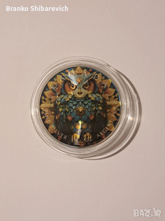 Красив сребърен бухал от Канада с холограмен ефект, 100 бр. за цял свят., снимка 1