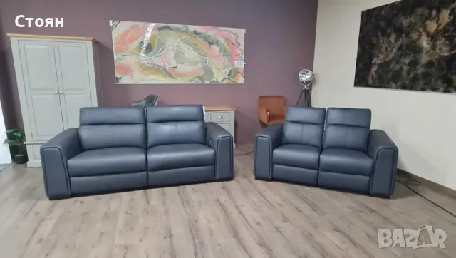 Сив кожен комплект дивани тройка и двойка с ел. релакс механизъм Mason, снимка 6 - Дивани и мека мебел - 47498842