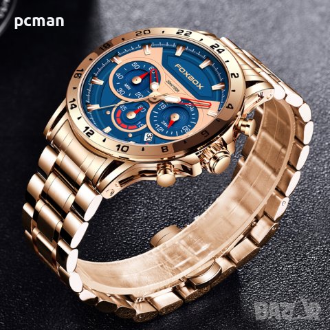 Foxbox Gold Blue 0017 Луксозен мъжки кварцов часовник с метална верижка, снимка 3 - Мъжки - 40433960