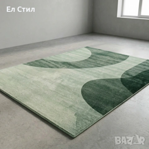 Модерен килим за хол 120х160см - Зелени вълни на светъл фон и 3D ефект, Противоплъзгащ, снимка 3 - Килими - 53928371
