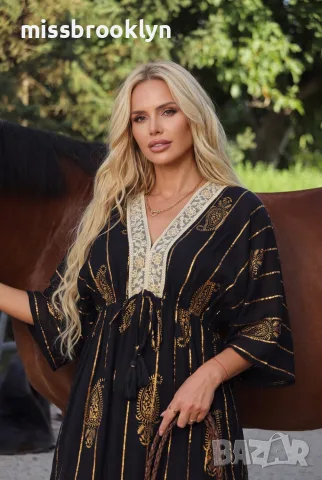 Рокля “Black Golden Paisley” – черна бохо рокля със златни орнаменти арт.1845, снимка 2 - Рокли - 55821467