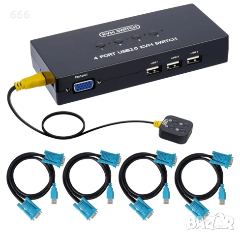 VGA KVM превключвател 4 порта, USB VGA KVM превключвател за 4 компютъра