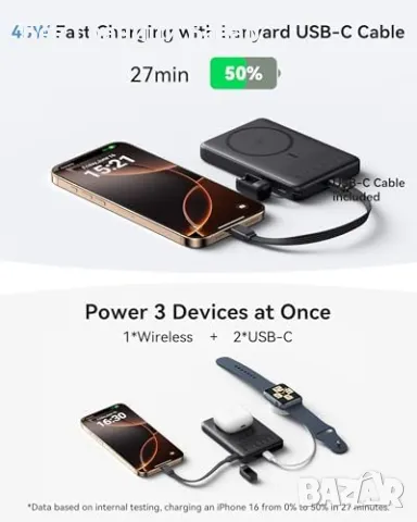 Нова Магнитна Външна Батерия 10000mAh Qi2 INIU – Бързо Зареждане, Стойка, снимка 4 - Външни батерии - 49906508