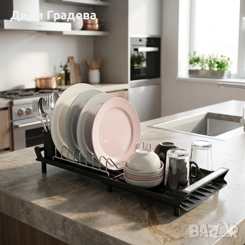 Разтегателен сушилник за съдове с дренажна тава – Черен/Метал