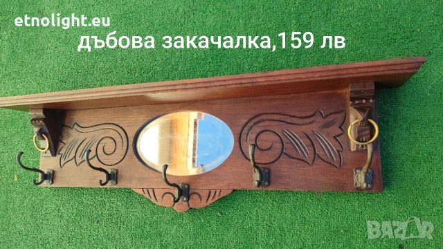 Старинна дъбова закачалка с рафт отгоре, огледало и дърворезба , снимка 3 - Закачалки - 52805924