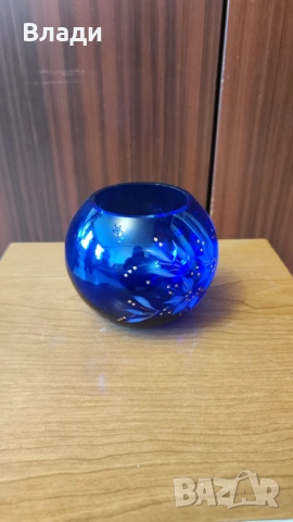 Малка кръгла ваза от тъмно синьо стъкло, снимка 2 - Вази - 53145777
