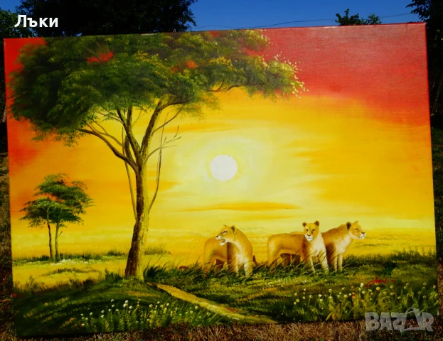 Картина Лъв,Лъвове,масло върху платно,подпис,100 см. , снимка 11 - Картини - 51318830
