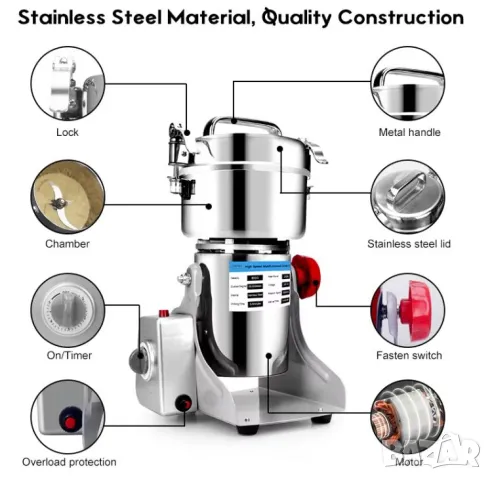 800 гр. 3000W Професионална Мелница за Заведение Кафе Билки Подправки Миксер Суха Храна Галета Зърно, снимка 7 - Кафемашини - 47422041