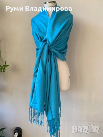 Тюркоазено син шал от коприна, пашмина, памук/ ралични видове, снимка 5 - Шалове - 47418018