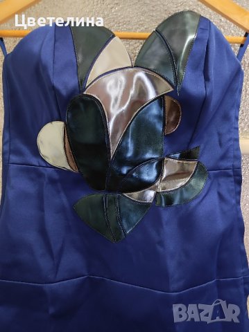 Елегантна синя сатенена рокля размер S/36 цена 84 лв., снимка 3 - Рокли - 42621899