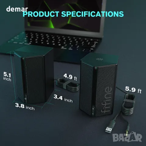 FIFINE RGB високоговорители за игри, кабелни, USB, с 3,5 mm Aux аудио кабел, Ampligame A20, снимка 8 - Тонколони - 48827999