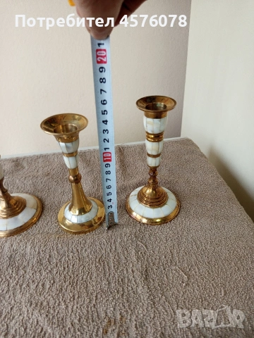 три броя бронзови свещници със седеф, снимка 2 - Други ценни предмети - 54064070