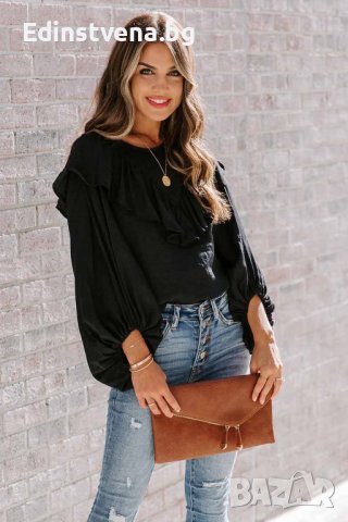 Дамска блуза в черно с дълъг ръкав и къдрички, снимка 7 - Блузи с дълъг ръкав и пуловери - 40698207