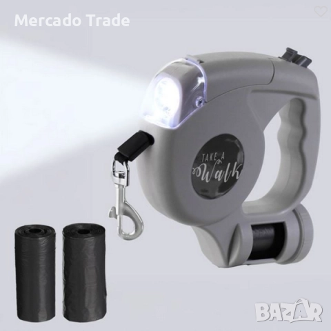 Повод за кучета Mercado Trade, LED светлина, 5м., до 25кг., Сив