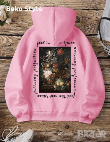 Дамско розово ватирано худи с принт FLOWER 