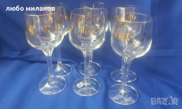 Кристални чаши за вино, столче, златна окраса 6 бр