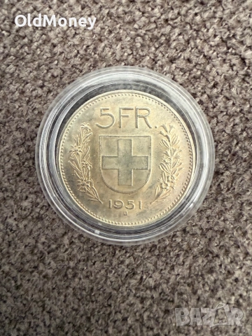 5 швейцарски франка 1951 г. , 15 гр. Сребро .