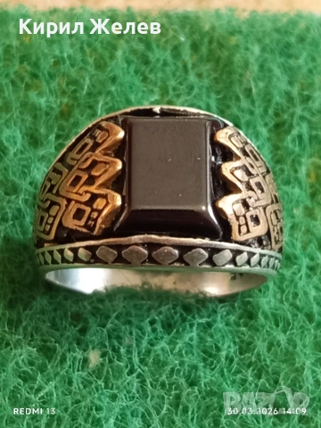 Мъжки сребърен пръстен инкрустиран с камък черен ТУРМАЛИН странична орнаментика 41533, снимка 7 - Пръстени - 54026294