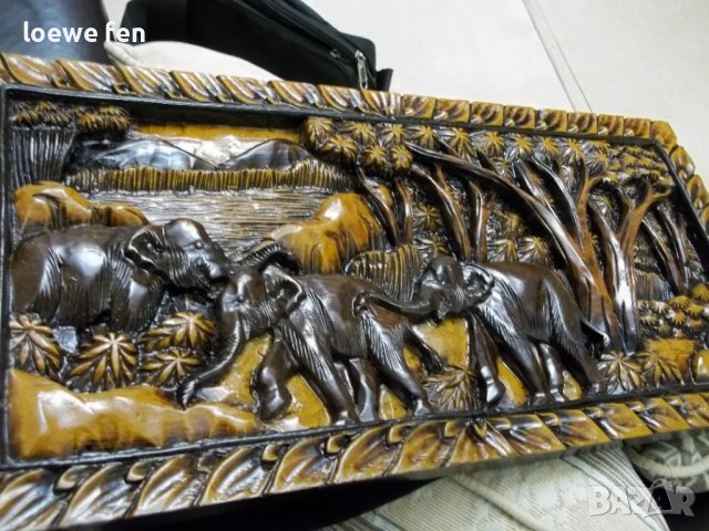 Ръчна Дърворезба Абаносово Дърво Слонове Слон - 61 см на 29,5 см ! Пано Картина !, снимка 3 - Картини - 39910521