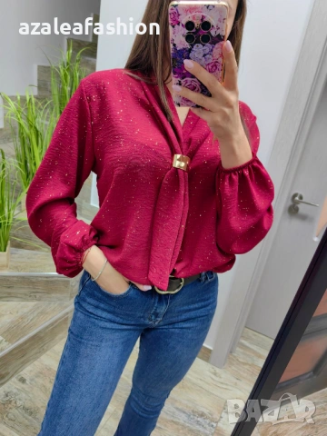 Блуза с бляскави частички в червено, снимка 5 - Блузи с дълъг ръкав и пуловери - 53220537