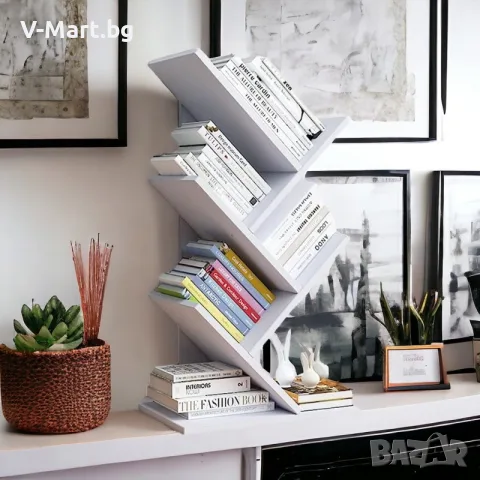 Eтажерка за книги, 4 рафта, 6 отделения, 60х 26,5 x 15,5 см БЯЛА, снимка 5 - Етажерки - 55831991