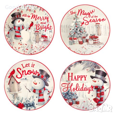 4 броя Комплект коледни чинии, Порцеланови, Снежен човек, 19см