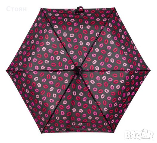 Сгъваем чадър за дъжд Ръчен Черен Червен Розов Целувки 23,5 см, снимка 1 - Други - 42876521