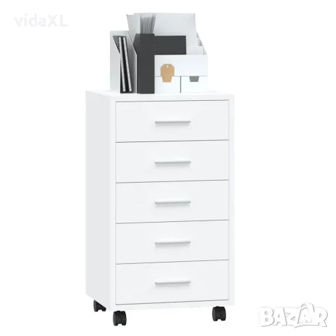 vidaXL Шкаф с чекмеджета на колелца, бял гланц, инженерно дърво, снимка 3 - Шкафове - 56147184