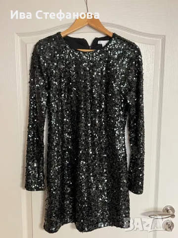 блестяща нова  къса парти коктейлна официална тъмно маслено зелена еластична рокля пайети, снимка 10 - Рокли - 48144445