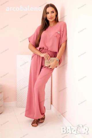 Дамски комплект от две части от вискоза с декоративно цвете и широки панталони, 14цвята , снимка 16 - Комплекти - 50508774