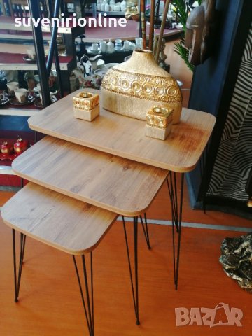 Тройка дървени масички с метални крачета , снимка 2 - Маси - 36603042