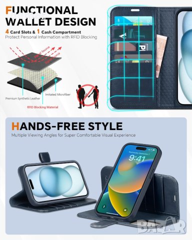 Калъф TUCCH за iPhone 15 Plus (6,7") 2023, 2 в 1 портфейл, тъмно син, снимка 5 - Калъфи, кейсове - 42355379