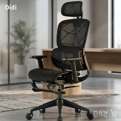 Ергономичен черен офис стол с 3D лумбална опора и наклон 145° 