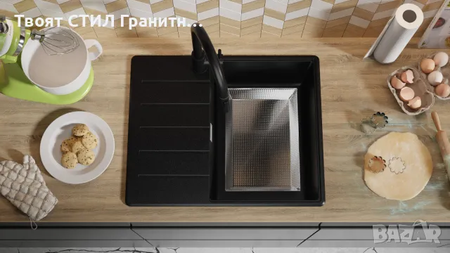 Черна кухненска мивка от гранит Копенхаген 620х500 Top 45, снимка 4 - Мивки - 48984066