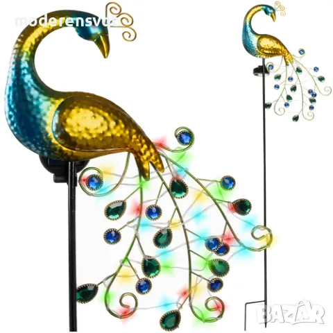 Градинска соларна лампа Паун в топла бяла светлина и соларен панел, снимка 2 - Градински мебели, декорация  - 49894831