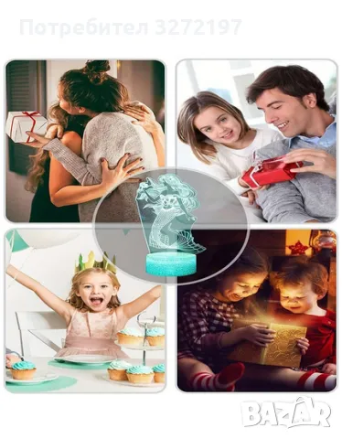 Холограмна 3D LED лампа Малката Русалка-дистанционно управление 16 цвята+други режими на управление, снимка 7 - Настолни лампи - 49587420