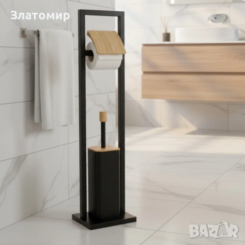 Стойка 2в1 Cheffinger за баня с тоалетна четка и държач за тоалетна хартия – метал и дърво