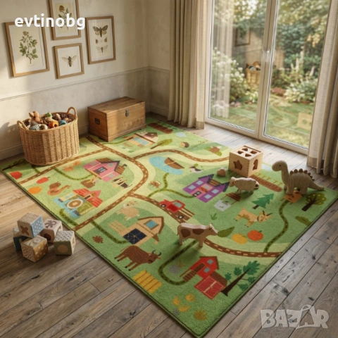 Детски килим "Веселата Ферма" 120х160см – Светлозелен с животни и природа, Противоплъзгащ и Миещ се, снимка 4 - Други - 53881679