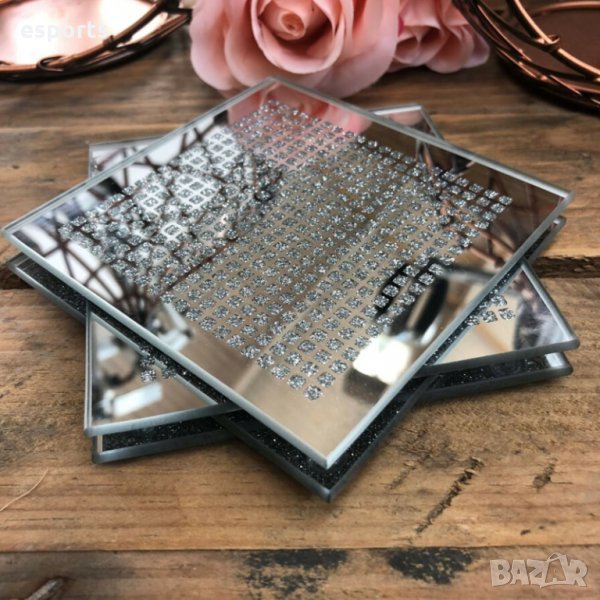 Луксозни огледални подложки за сервиране комплект от 4 сет стъкло сребрист  coaster coasters, снимка 1