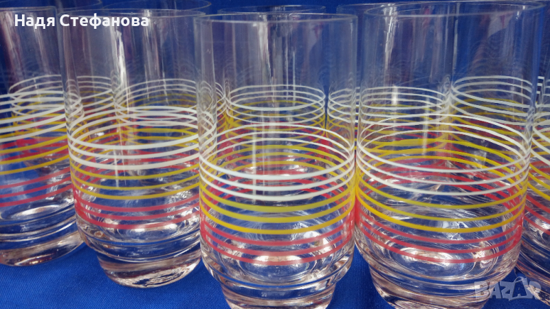 Ретро стъклени чаши за безалкохолно, цветни кантове – 10 бр, снимка 1
