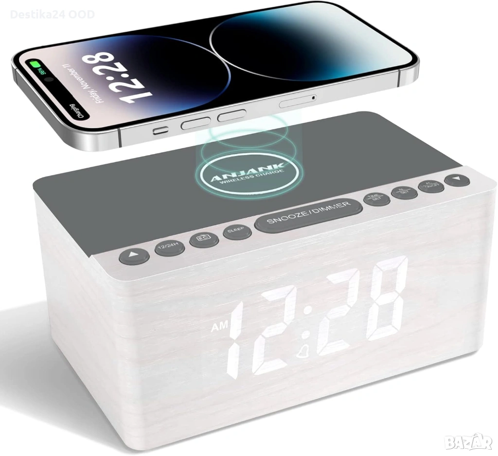 Часовник радио с безжично зареждане 10W ANJANK – бял, снимка 1