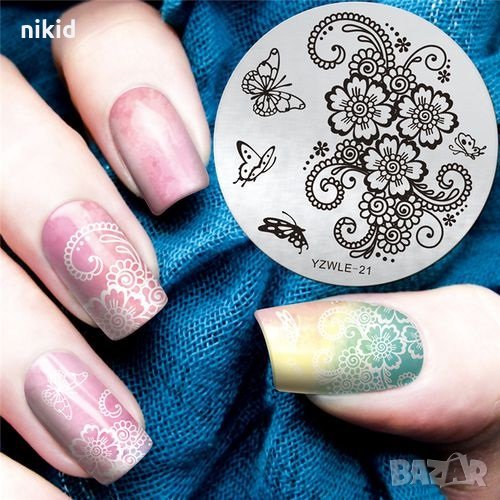 YZWLE 21 Цветя пеперуда кръгла плочка / щампа шаблон за печат на нокти маникюр, снимка 1