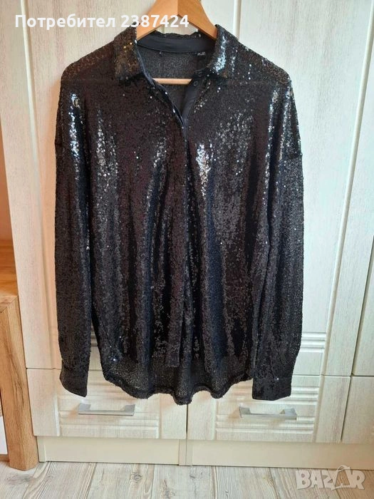 Черна дамска риза с паети  , снимка 1