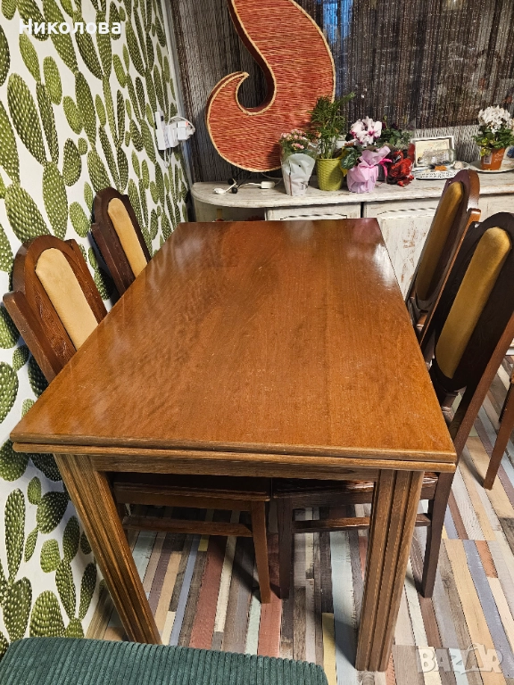 Масивна дървена старинна маса със столове, снимка 1