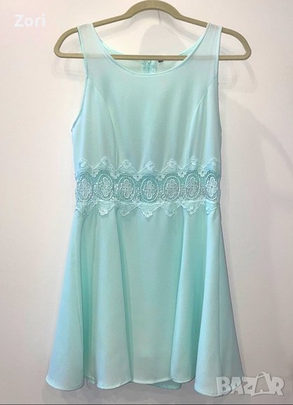 КРАСИВА кукленска рокля без ръкав с дантела в талията в цвят аква, снимка 1