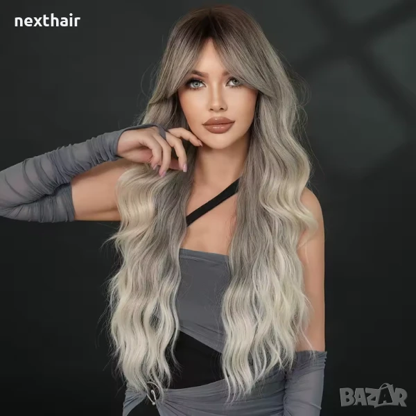 Дълга вълнообразна пепелява перука с тъмни корени и бретон, снимка 1