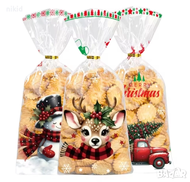 10 Коледни прозрачни подаръчни торбички големи опаковъчни пликчета дребни сладки изработка подарък, снимка 1